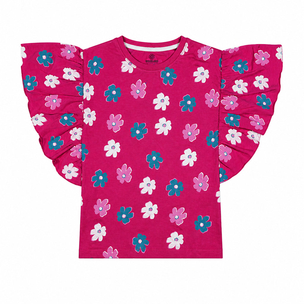 Magenta Bloom Ruffle Tee – Premium Soft Cotton Floral Print