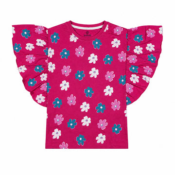 Magenta Bloom Ruffle Tee – Premium Soft Cotton Floral Print