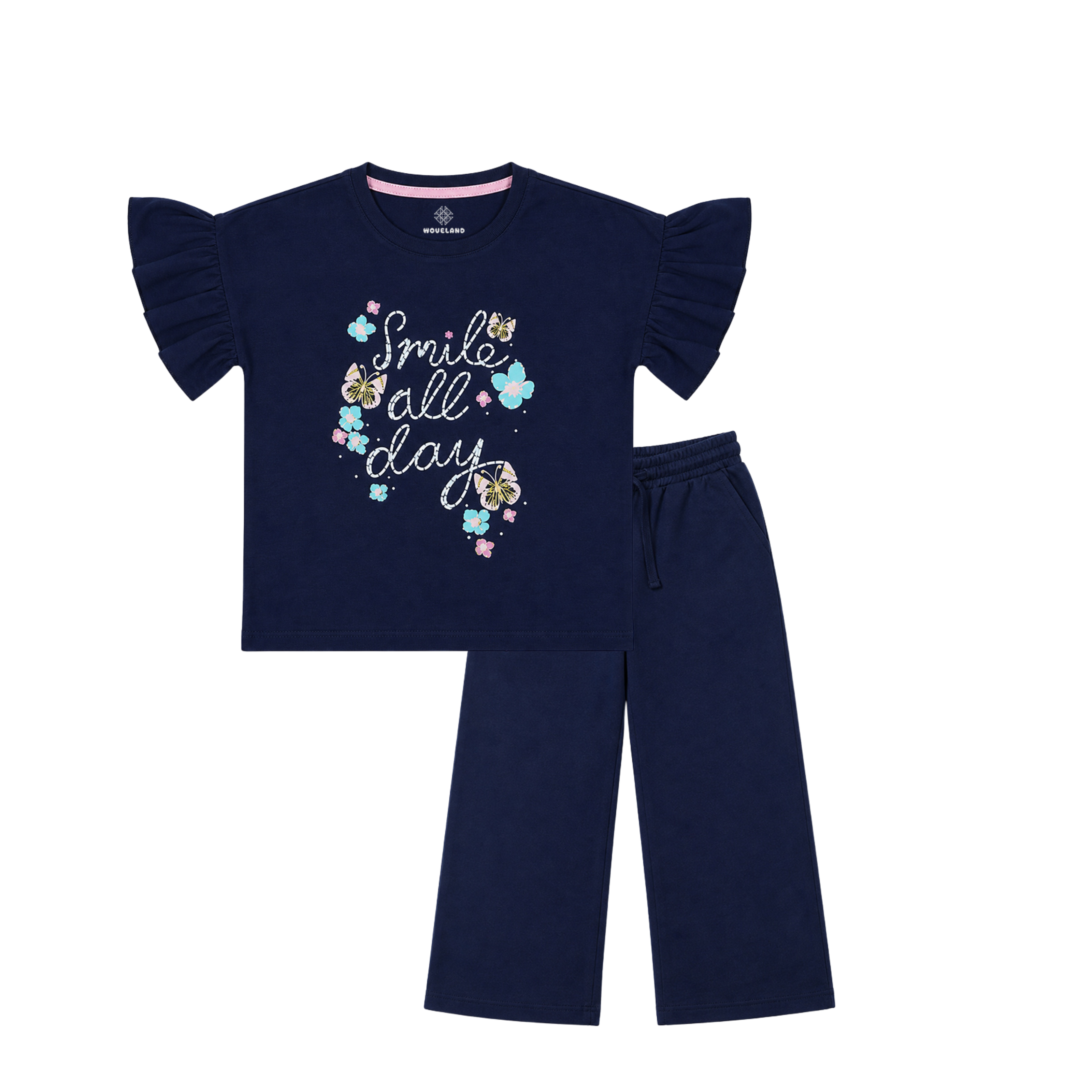 Navy blue outfit with ruffled sleeves and 'Smile all day' text on a white background