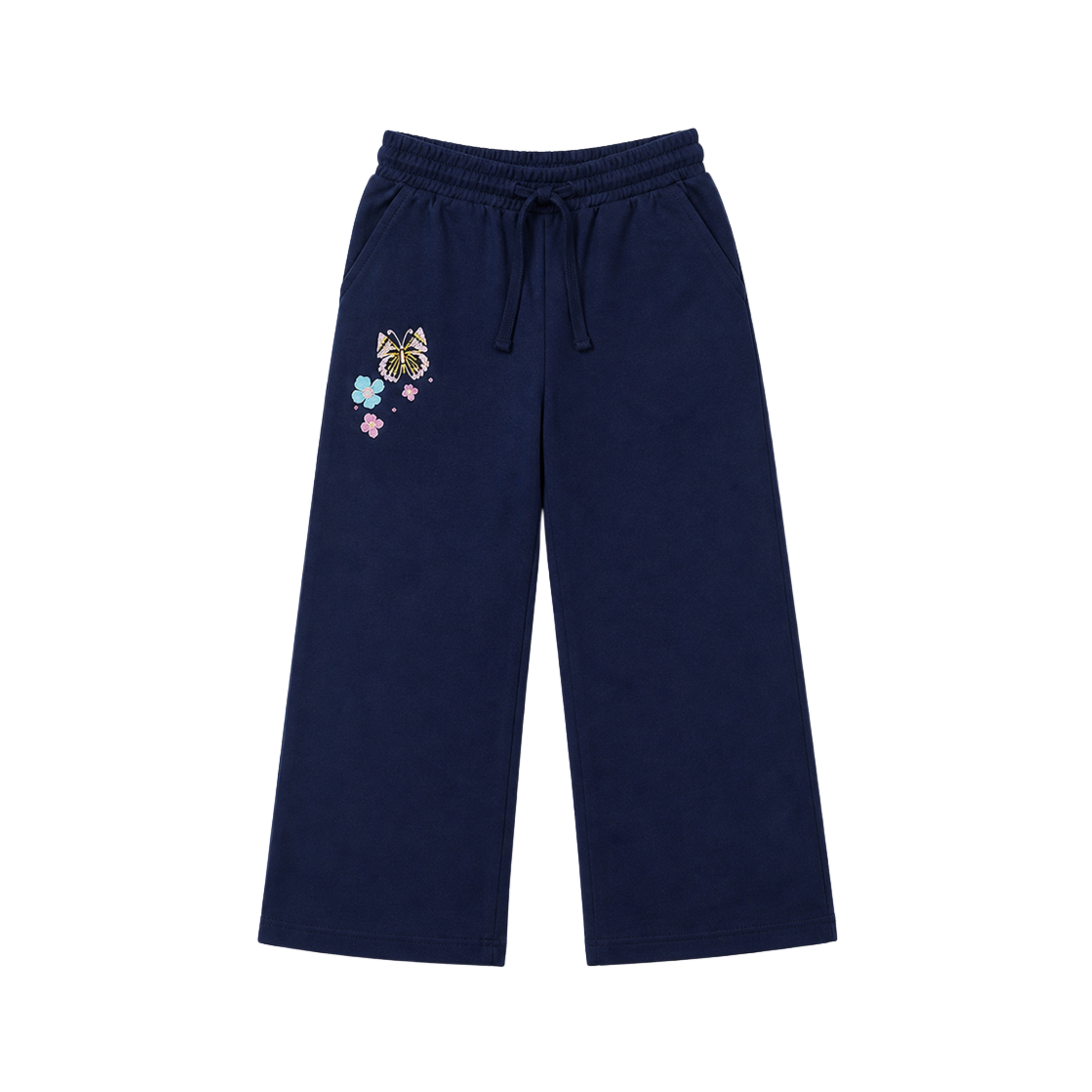 Woveland kids' navy blue pants with butterfly and flower embroidery on a white background.