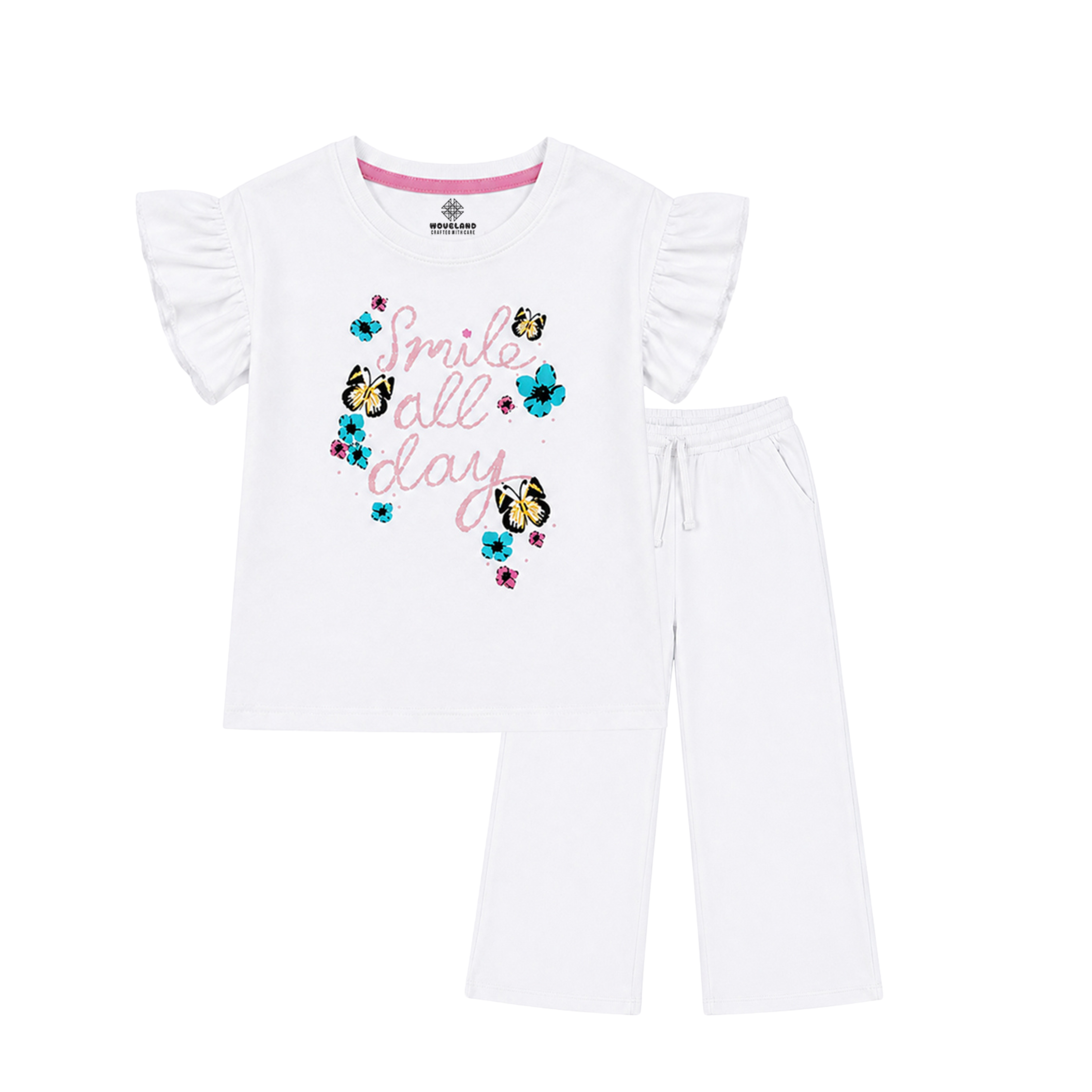 Girls white premium cotton T-shirt featuring a colorful butterfly and floral design.
