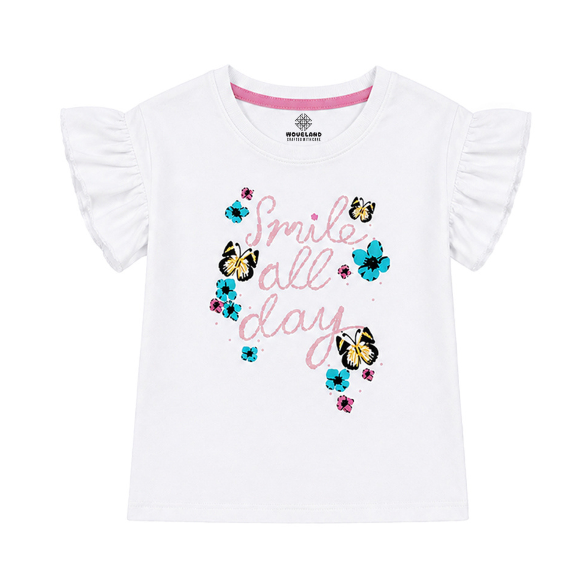 Girls white premium cotton T-shirt featuring a colorful butterfly and floral design.