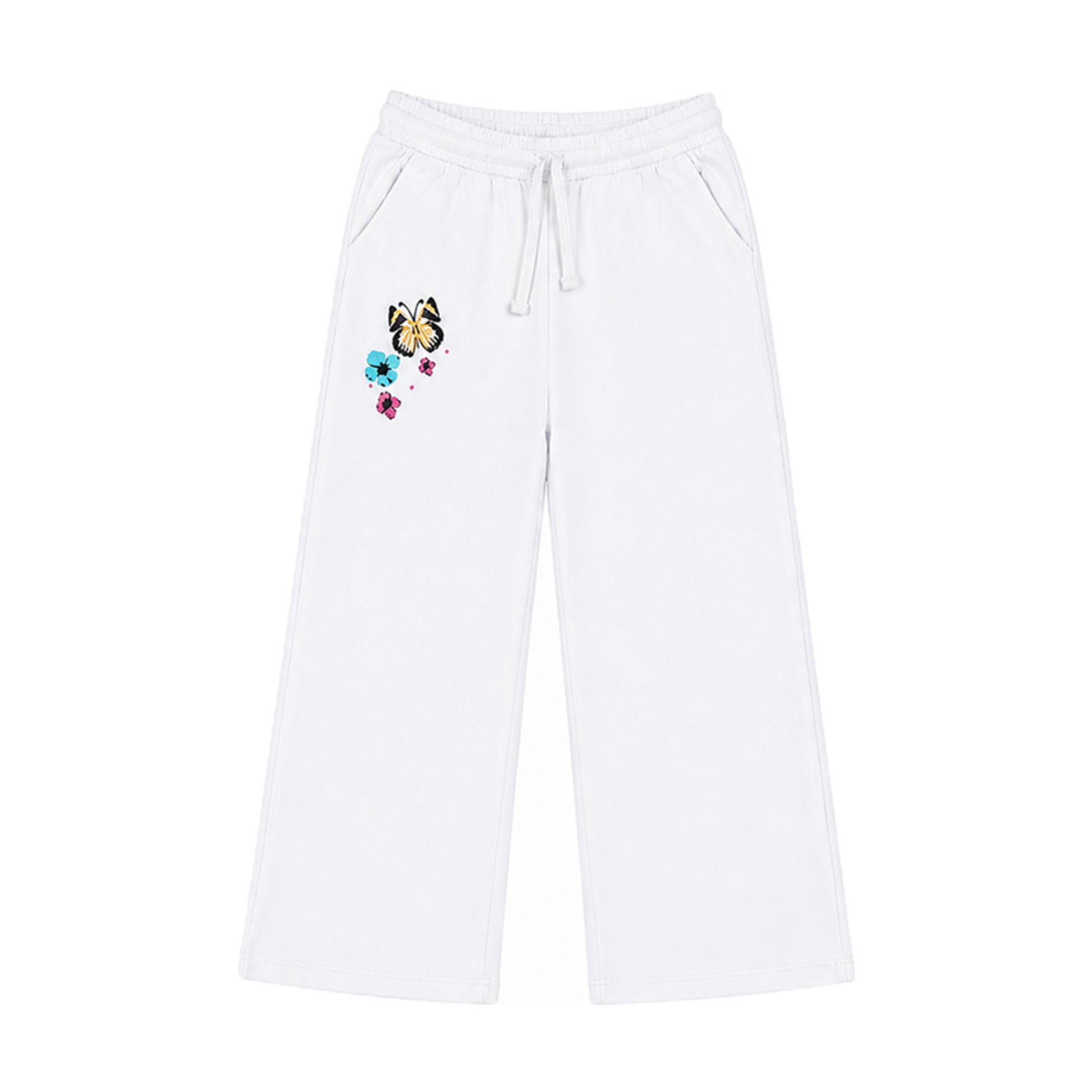 White pants with a colorful butterfly design on a white background