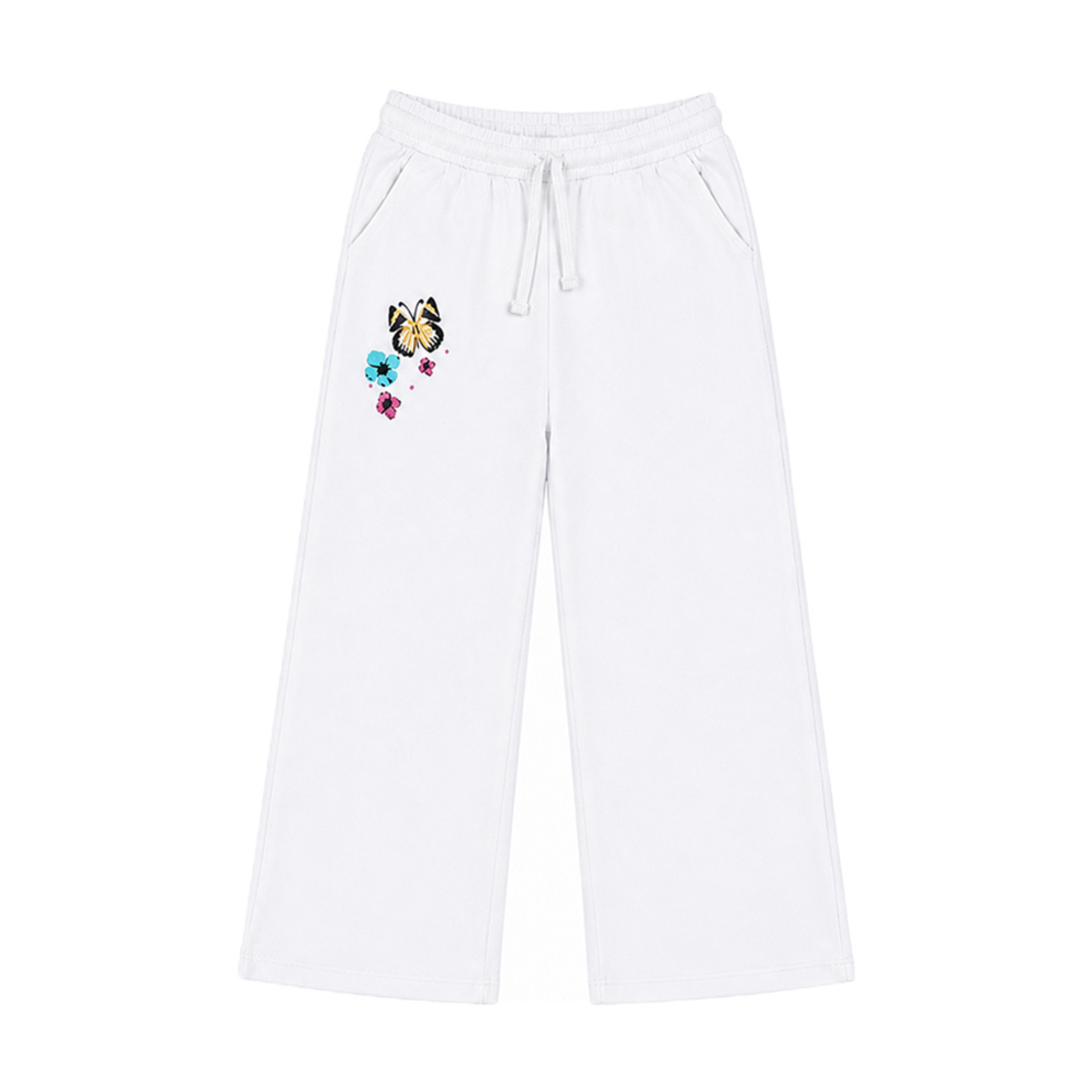 White pants with a colorful butterfly design on a white background