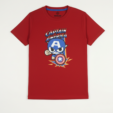 Boys' Captain America Chibi Graphic T-Shirt - Premium Red Cotton Crew Neck Tee