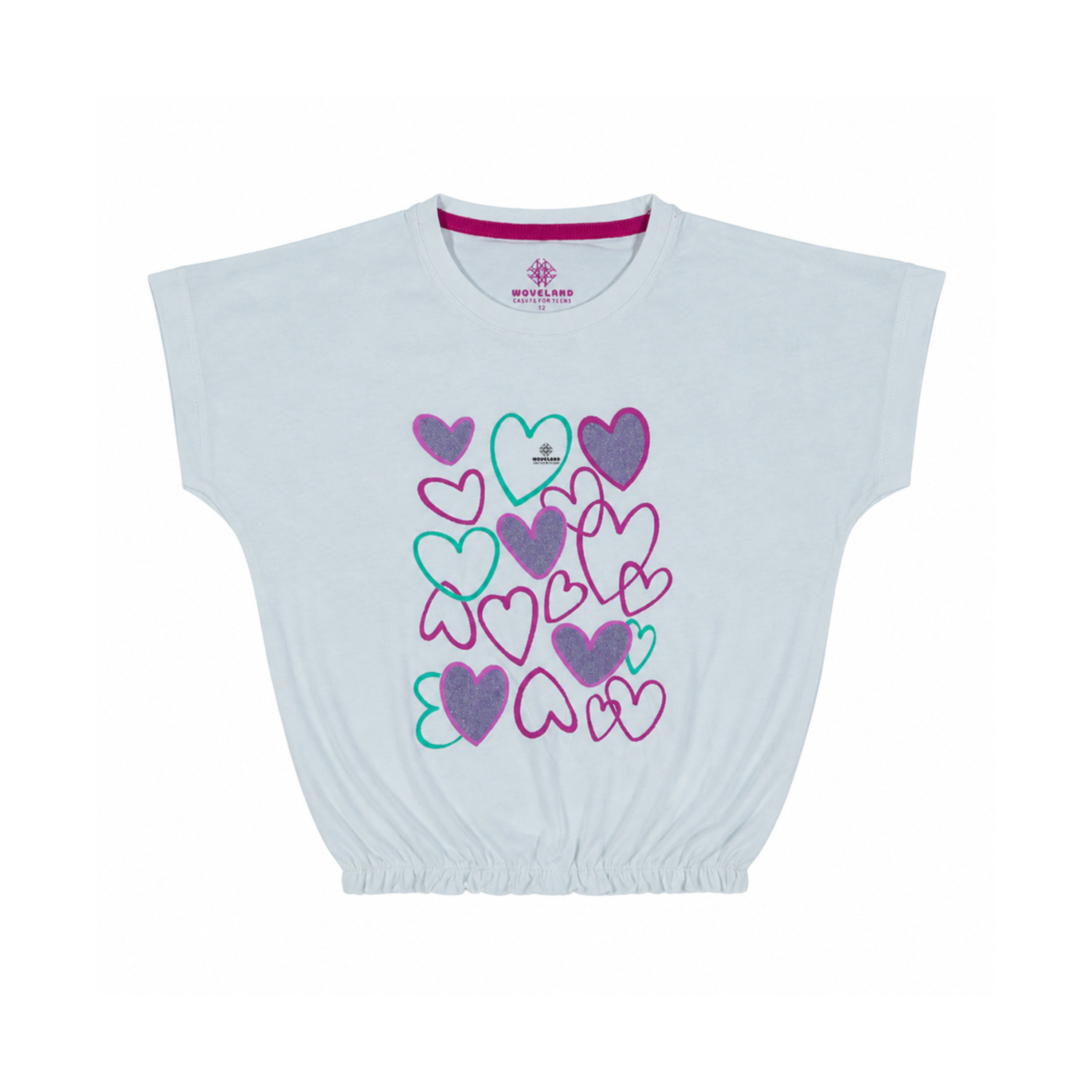 White sleeveless top with colorful heart patterns on a white background